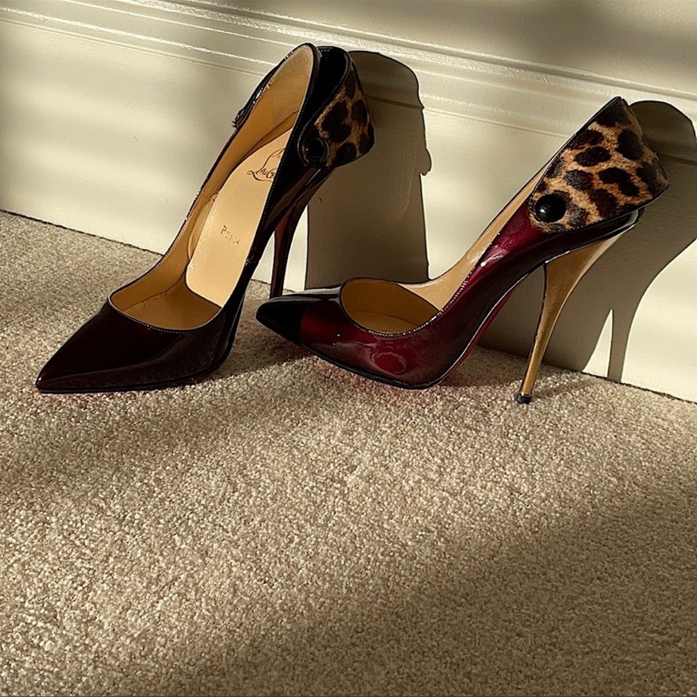 Christian Louboutin Patent Huguette 120 Rouge Noir Leopard 39 - Picture 2 of 4